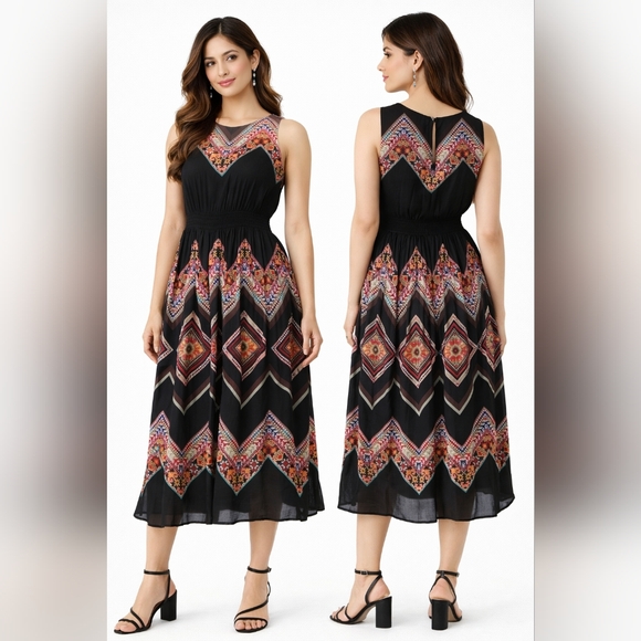 Anthropologie Dresses & Skirts - New Tanvi Kedia Anthropologie Dress Embroidered Chevron Midi V-Neck Rayon Boho
